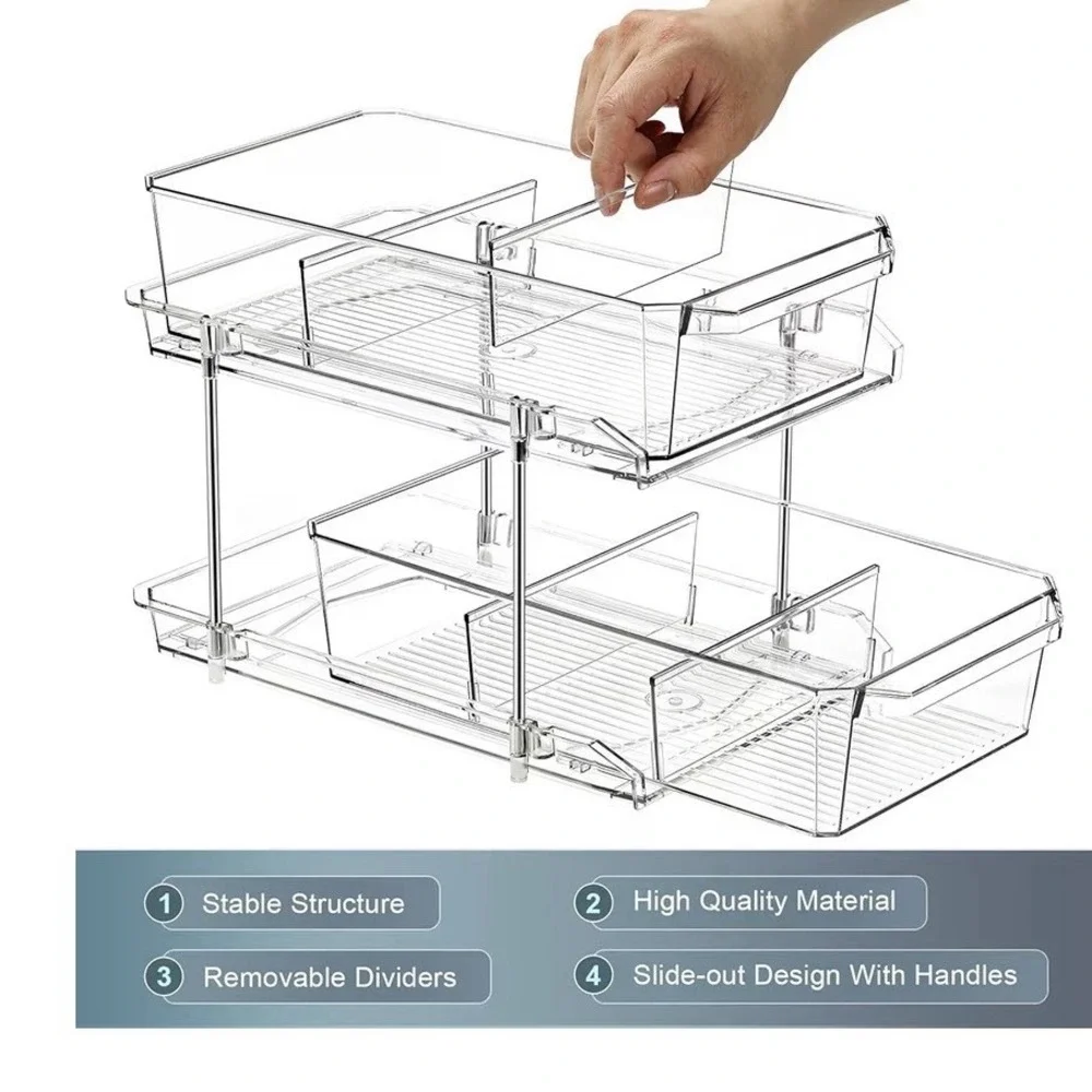 Clear 2-Tier Slide-Out Plastic Storage Organizer w/ Removable Dividers 12.5in